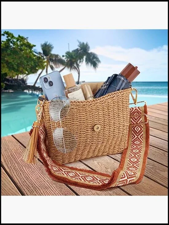 Straw Braided Crossbody Bag Boho Chic Summer Beach Handbag Adjustable Strap - Picture 2 of 6